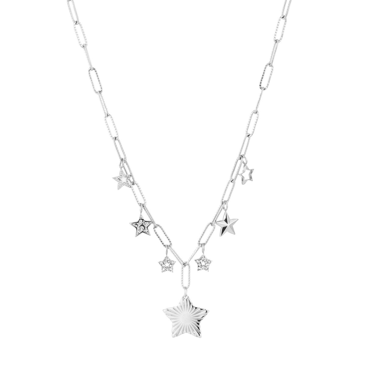 Ketting Ster - Zilverkleurig Kleurvast Stainless Steel - Zirkonia - Kerstcadeau - Sinterklaas - Feestdagen Halsketting Sterretjes