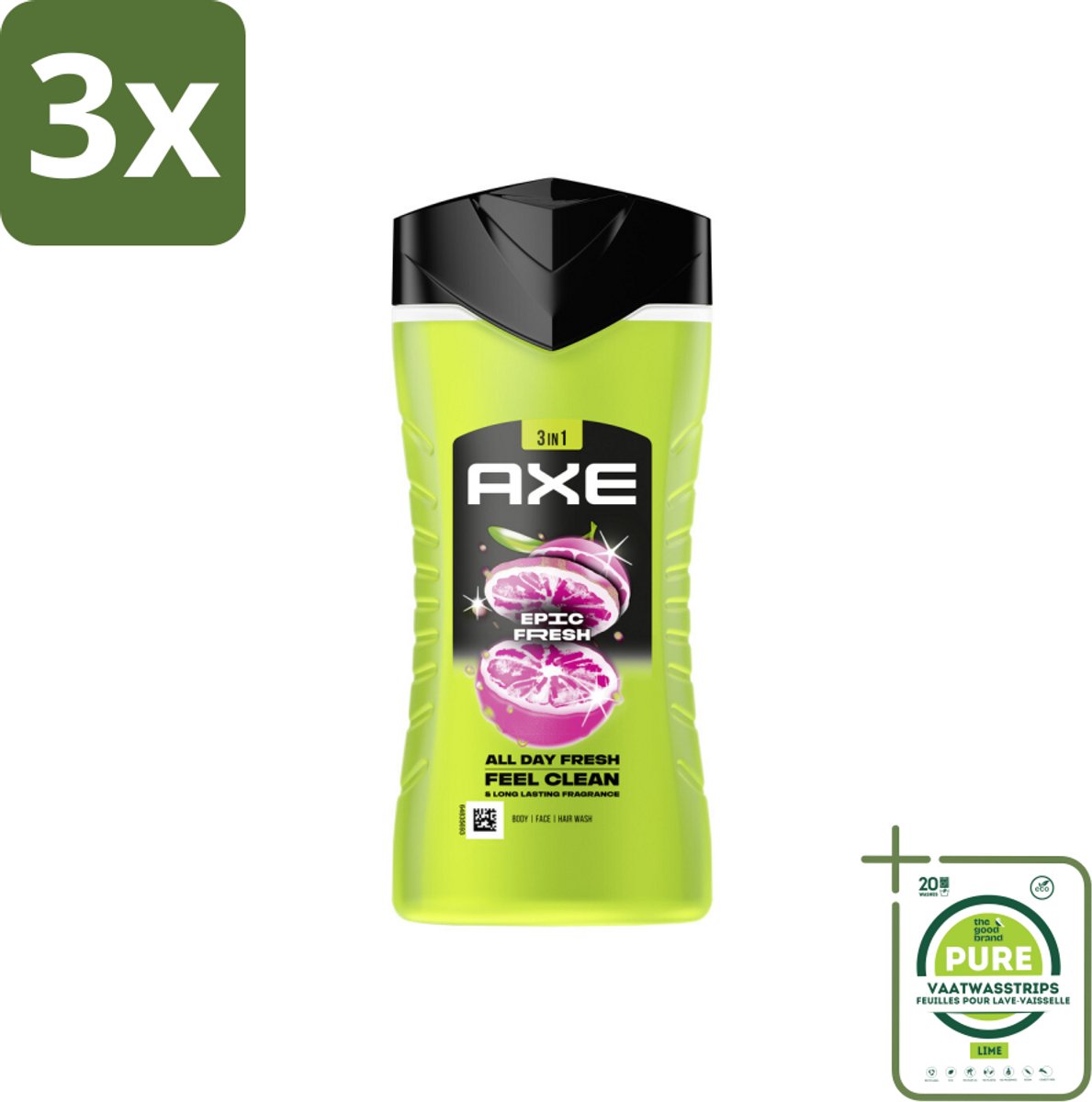 3 x Axe - 3-in-1 Douchegel - Epic Fresh - Grapefruit & Tropical Pineapple - Fresh Boost - 250 ml - Grootverpakking - Douchegel - 3-in-1 - Axe - Epic Fresh - Grapefruit