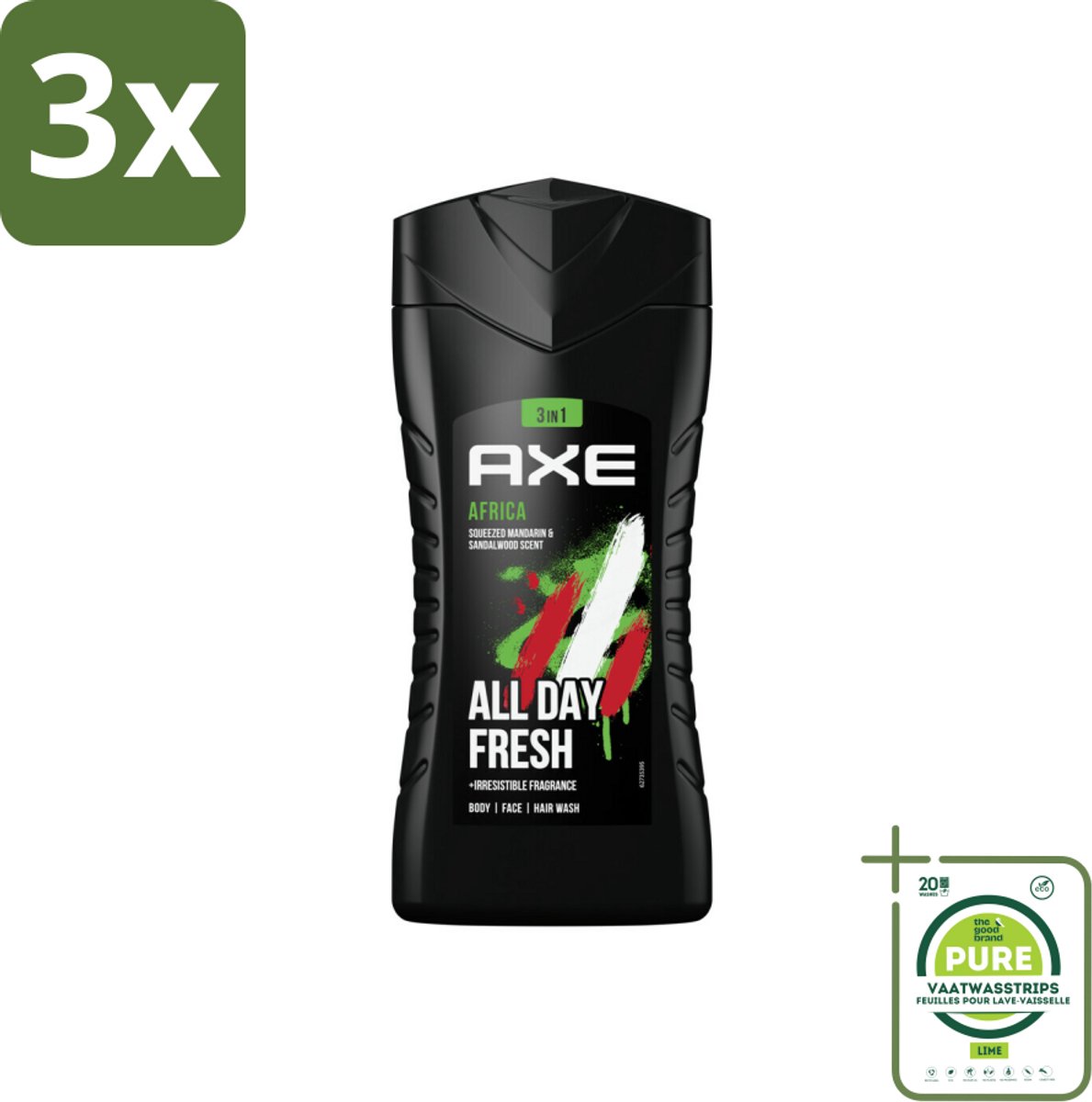 3 x Axe - 3-in-1 Douchegel - Africa - Squeezed Mandarin & Sandalwood - 12hrs Long Lasting Scent - 250 ml - Grootverpakking - Douchegel - Axe - 3-in-1 - Mandarijn - Sandelhout