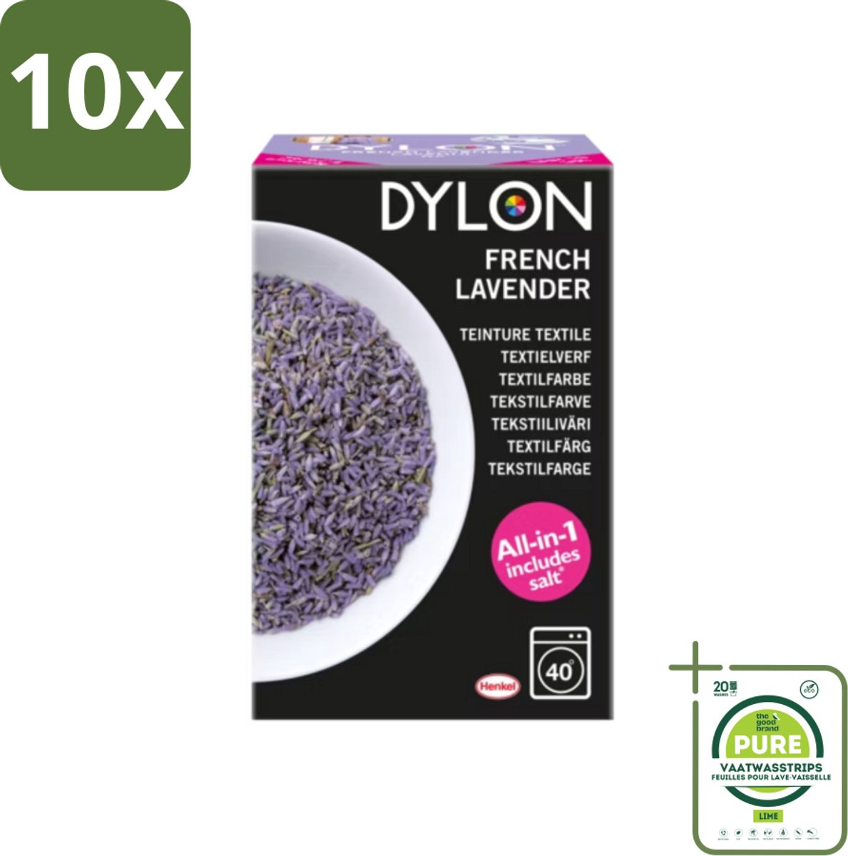 10 x Dylon - Textielverf - French Lavender - All-in-One - Inclusief Zout - 350g - Grootverpakking - Textielverf - Dylon - Lavendelkleur - Verfstoffen - Textielverfset