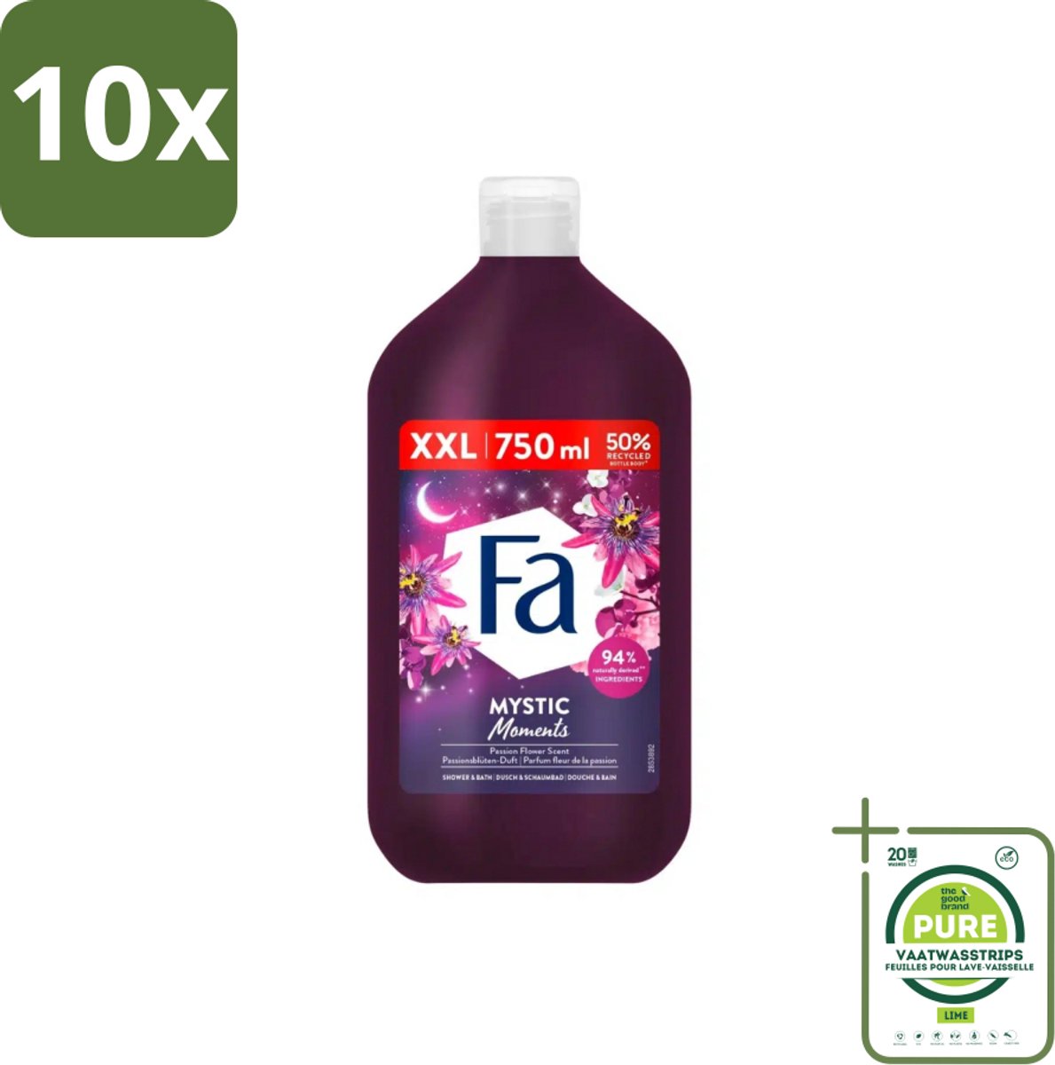 10 x Fa - Mystic Moments - Bad- & Douchegel - Passiebloem - 750 ml - Grootverpakking - Badgel - Douchegel - Passiebloem - Sheaboter - Verzorging