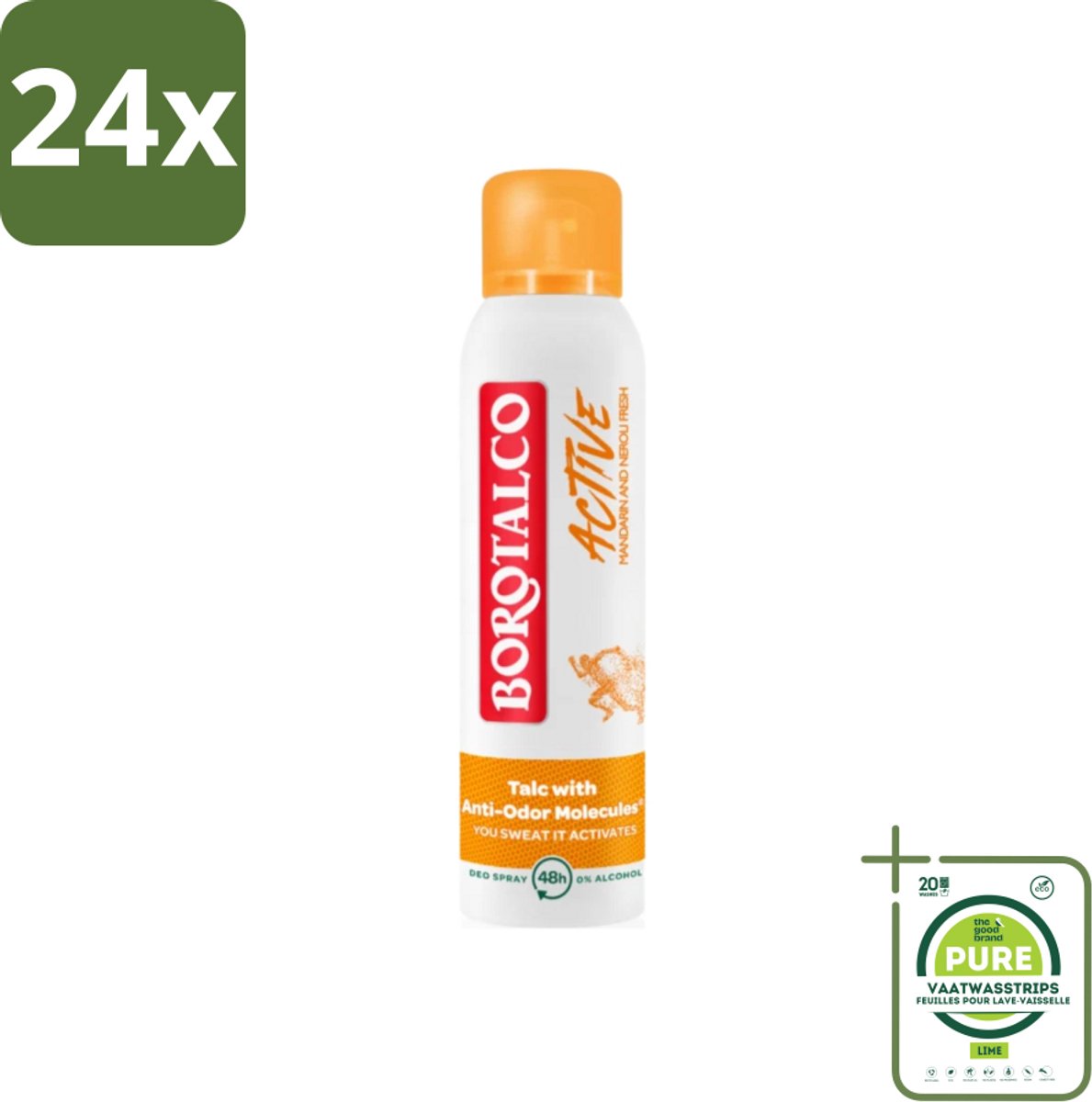Borotalco - Deodorant Spray - Active - Mandarin & Neroli Fresh - 0% Alcohol - 150 ml - Voordeelverpakking - 24 stuks - Deodorant spray - Antitranspirant