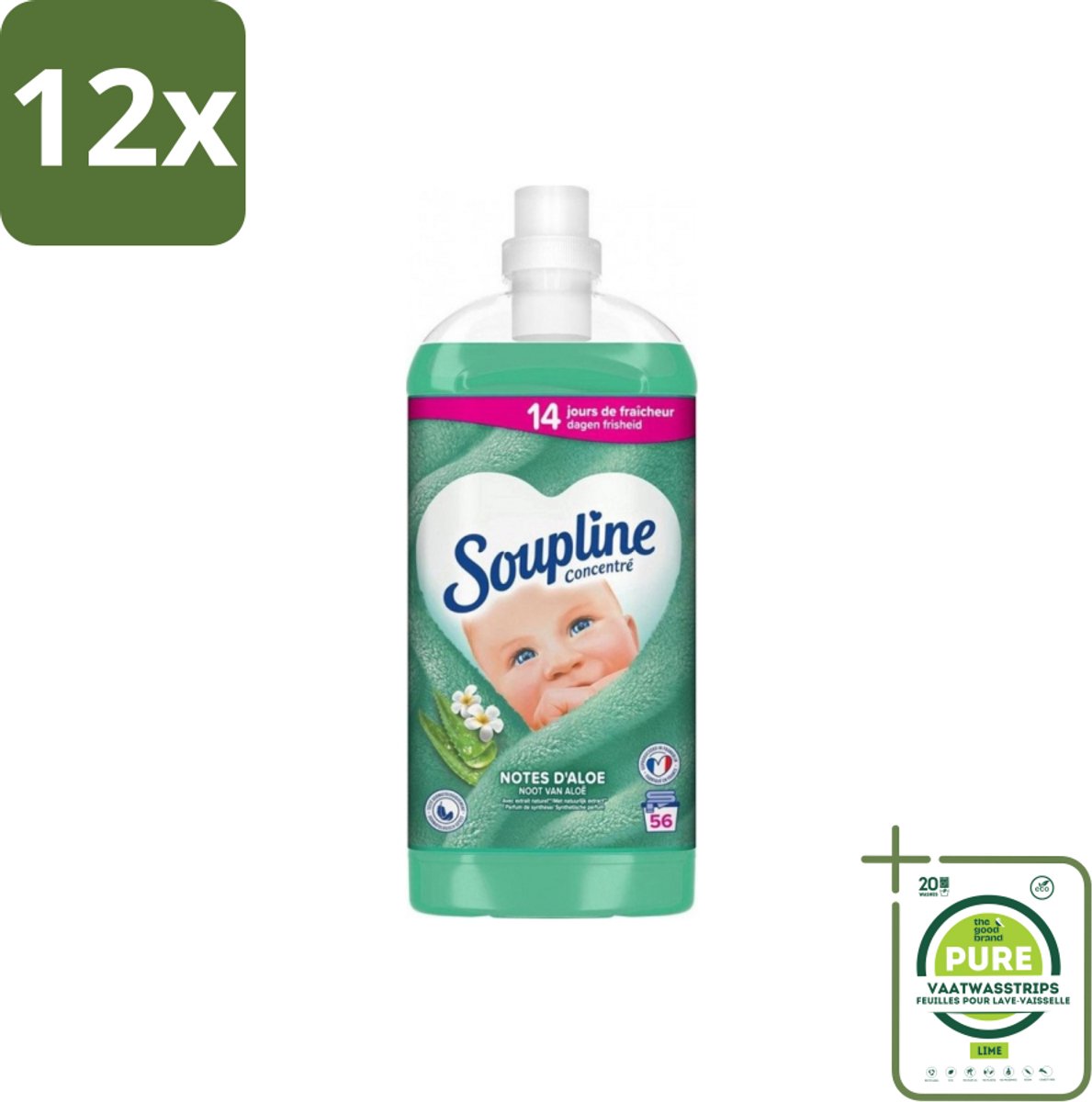 Soupline - Wasverzachter - Aloë Vera - 56 Wasbeurten - 1.3L - Voordeelverpakking - 12 stuks - Wasverzachter - Aloë Vera