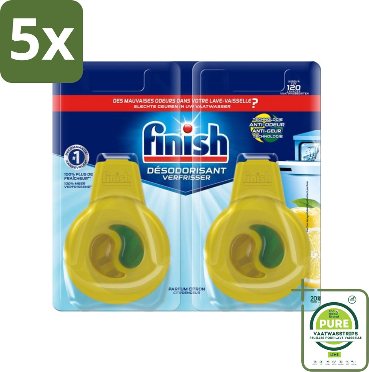 5 x Finish Deo Odorstop - Vaatwasverfrisser - Citroen Parfum - Anti-geur - Tot 120 Afwasbeurten - Grootverpakking - Vaatwasverfrisser - Anti-geur - Geurbeheersing - Citroen - Vaatwasser