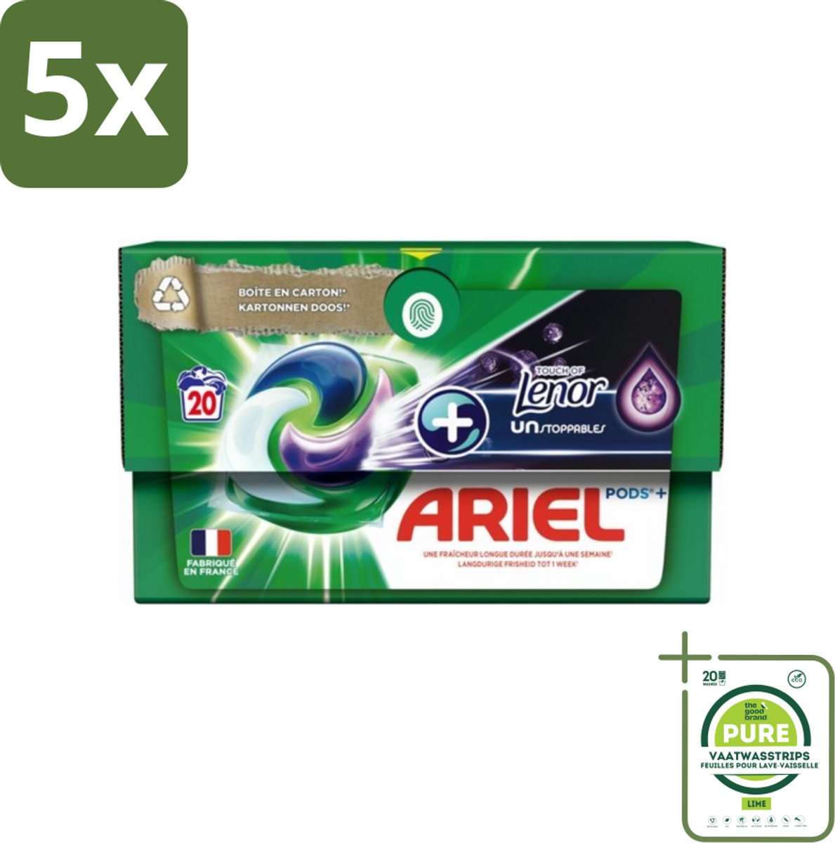 5 x Ariel Original - Touch of Lenor Unstoppables - Wasmiddelcapsules - Pods+ - Witte en Gekleurde Was - 20 Wasbeurten - Grootverpakking - Wasmiddelcapsules - Waspoeder - Ariel - Lenor - Wasverzachter