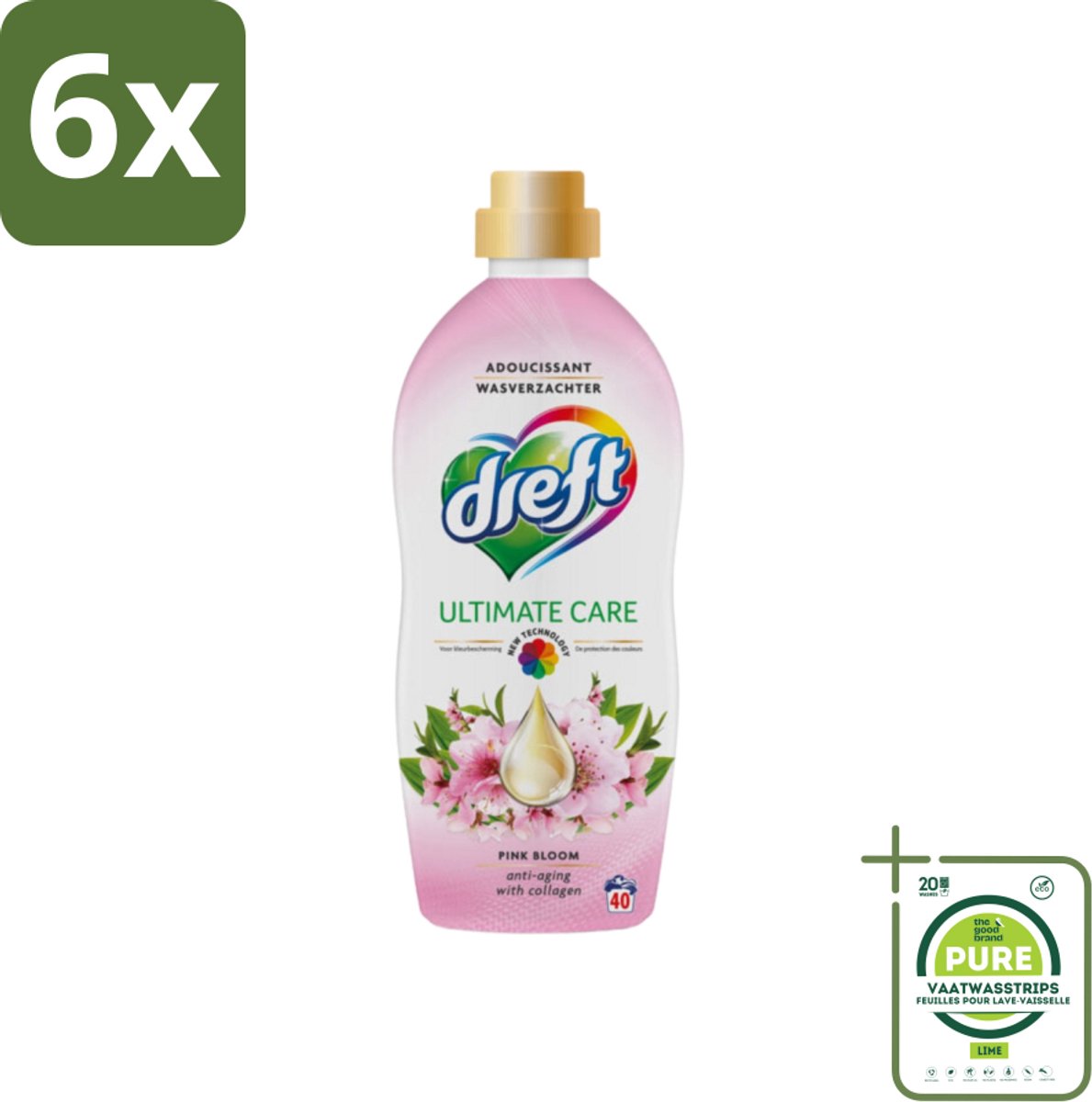 Dreft - Ultimate Care - Wasverzachter - Roze Bloem - Anti-Veroudering - 40 Wasbeurten - Voordeelverpakking - 6 stuks - Wasverzachter - Kleurbescherming