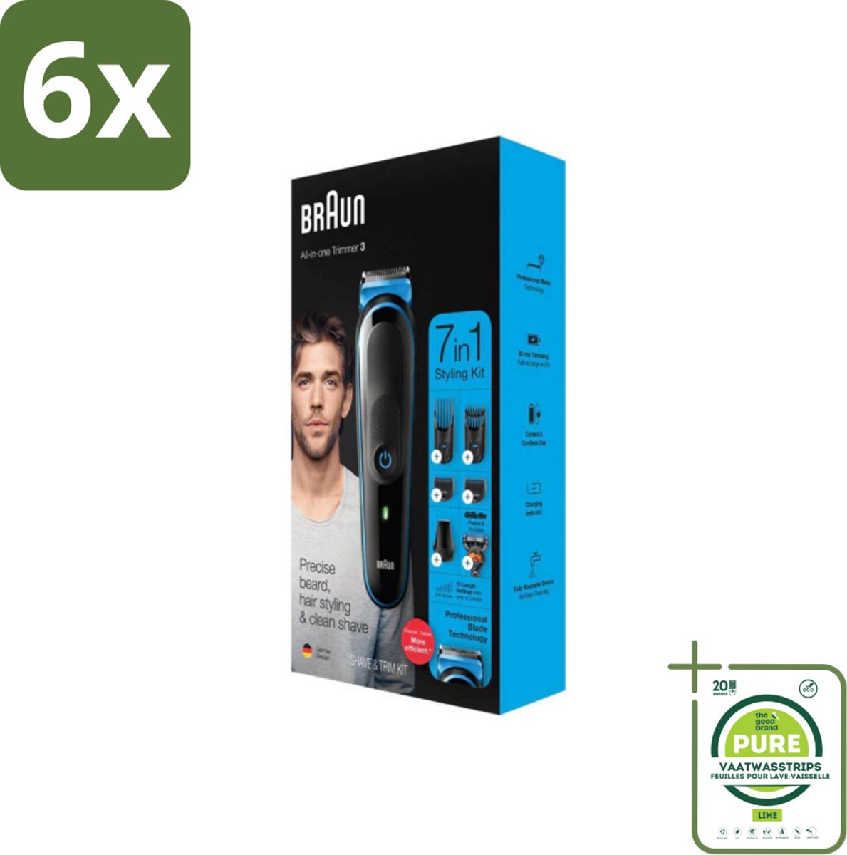 Braun - Trimset - 7-in-1 - 1 Trim Apparaat - 6 Opzetstukken - Voordeelverpakking - 6 stuks - Baardtrimmer - Scheerapparaat
