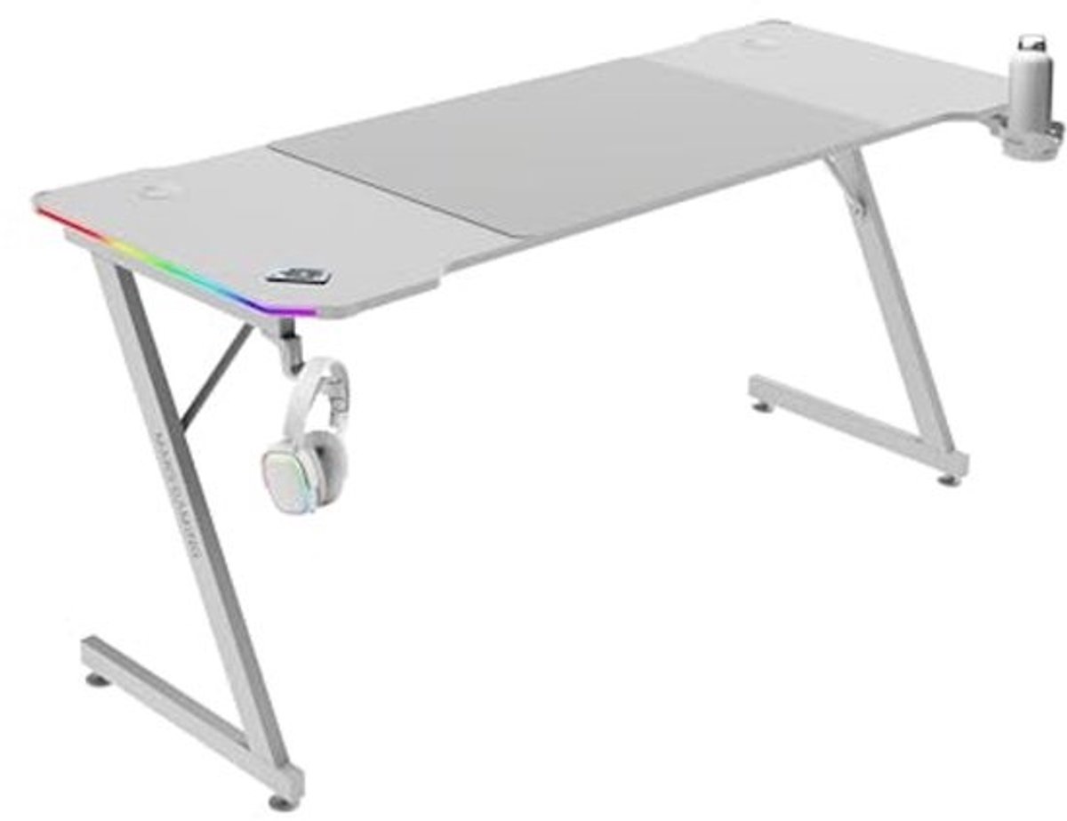 Ergonomische Gamingtafel met RGB-Verlichting en XXL-Muismat, Wit, Gaming Bureau 160x60cm