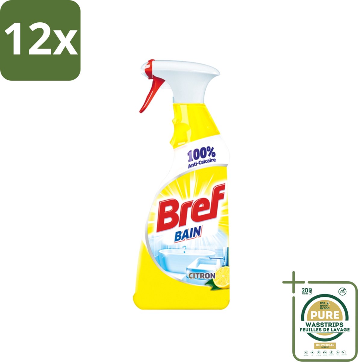 Bref - Badkamerreiniger - Spray - Anti-Kalk - Citroen - 750 ml - Voordeelverpakking - 12 stuks - Kalkverwijderaar - Schoonmaakspray
