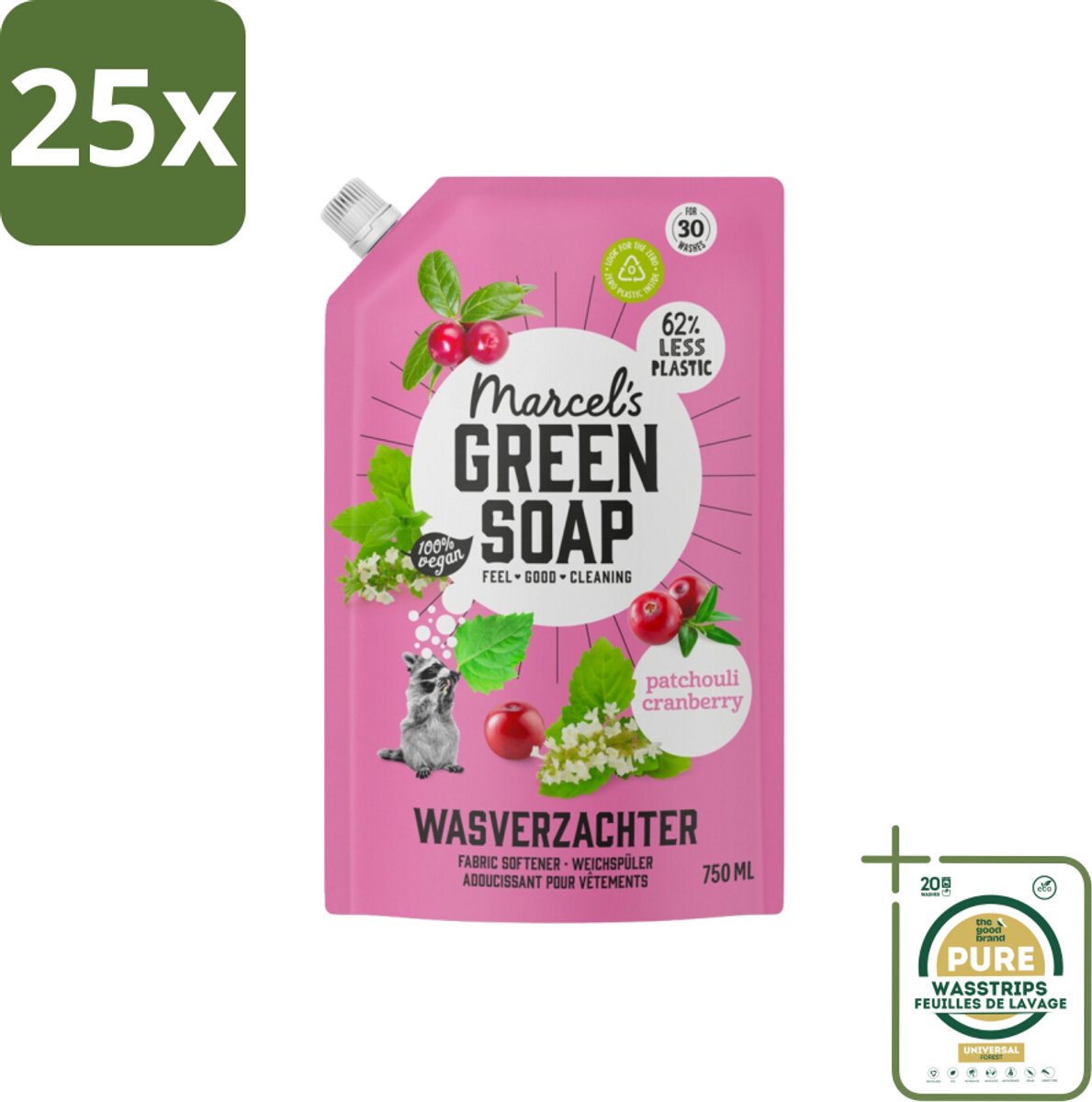25 x Marcel’s Green Soap – Wasverzachter – Patchouli & Cranberry - Navulling – 750 ml - Grootverpakking - Koffiezetapparaat