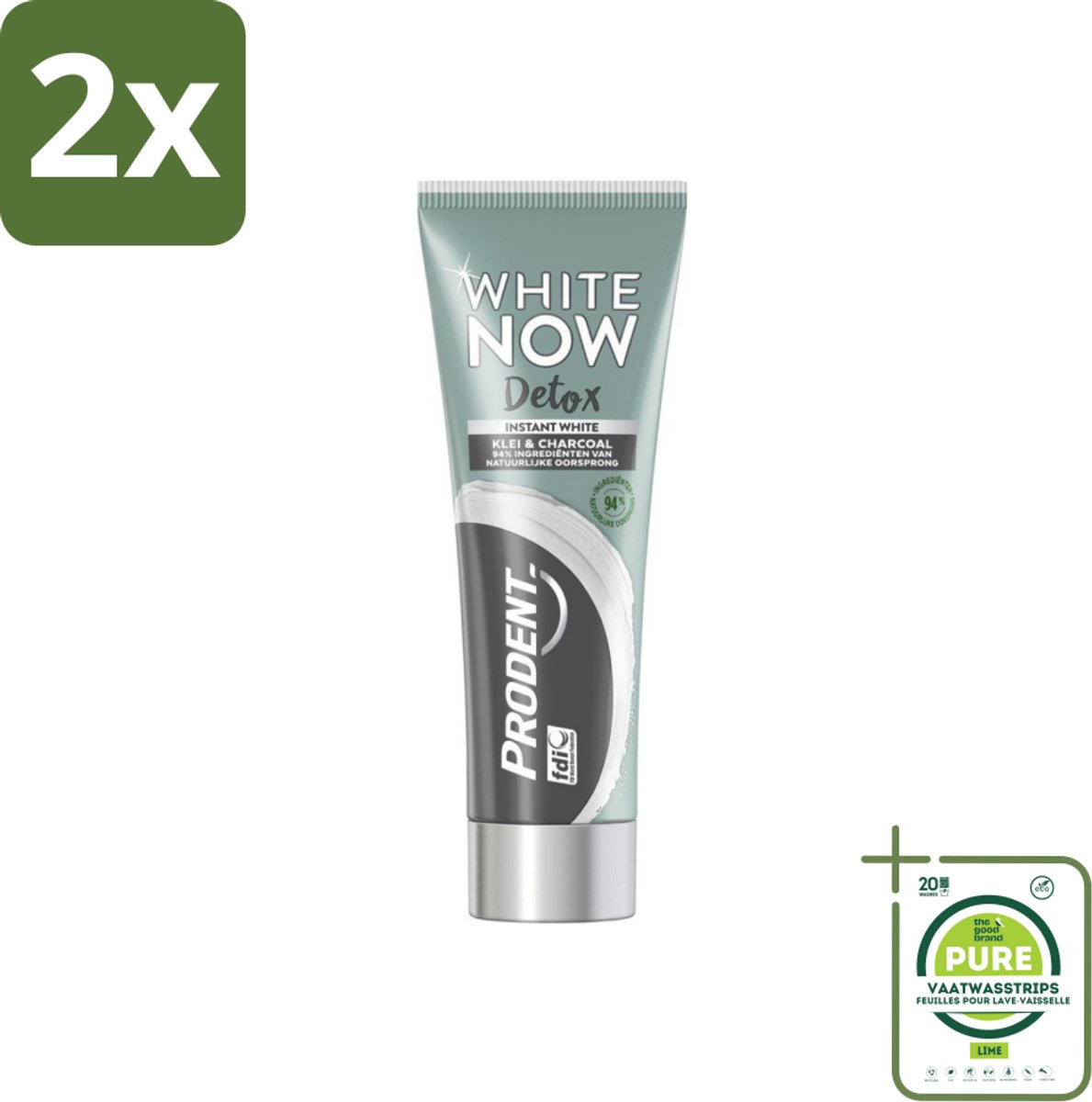 Prodent - White Now - Tandpasta - Natuurlijke Ingrediënten - Klei En Houtskool - 75 ml - Voordeelverpakking - 2 stuks - Tandpasta - Whitening