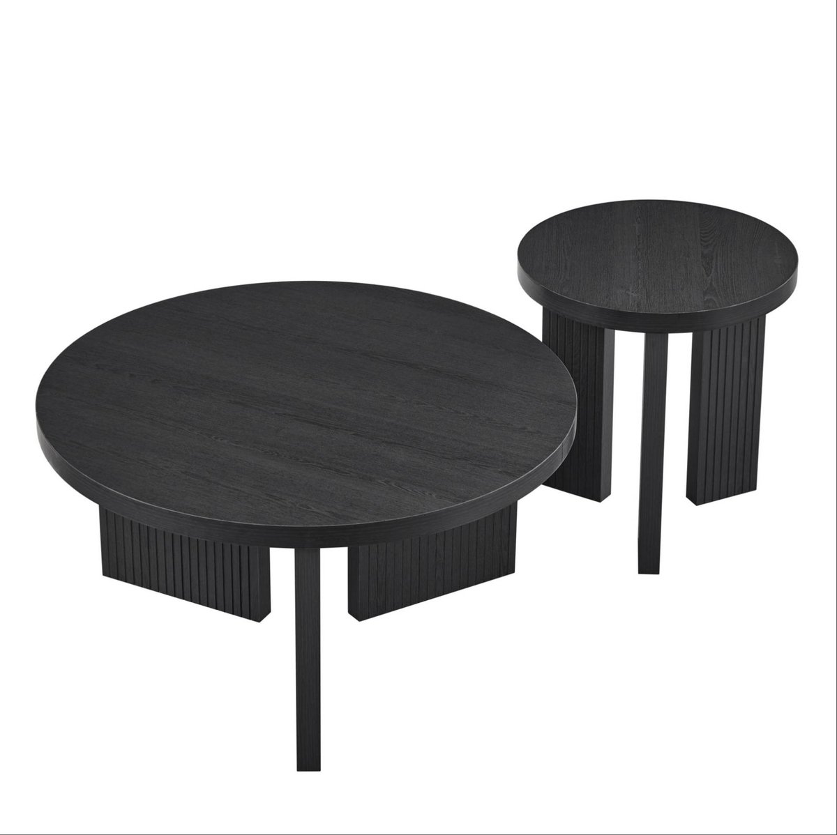OKWISH Salontafelset - Rond - Set Van 2 - Moderne Strakke Stijl Met Opvallende Ribbelstructuur - Zwart MDF - 80 X 80 X 41,5 Cm