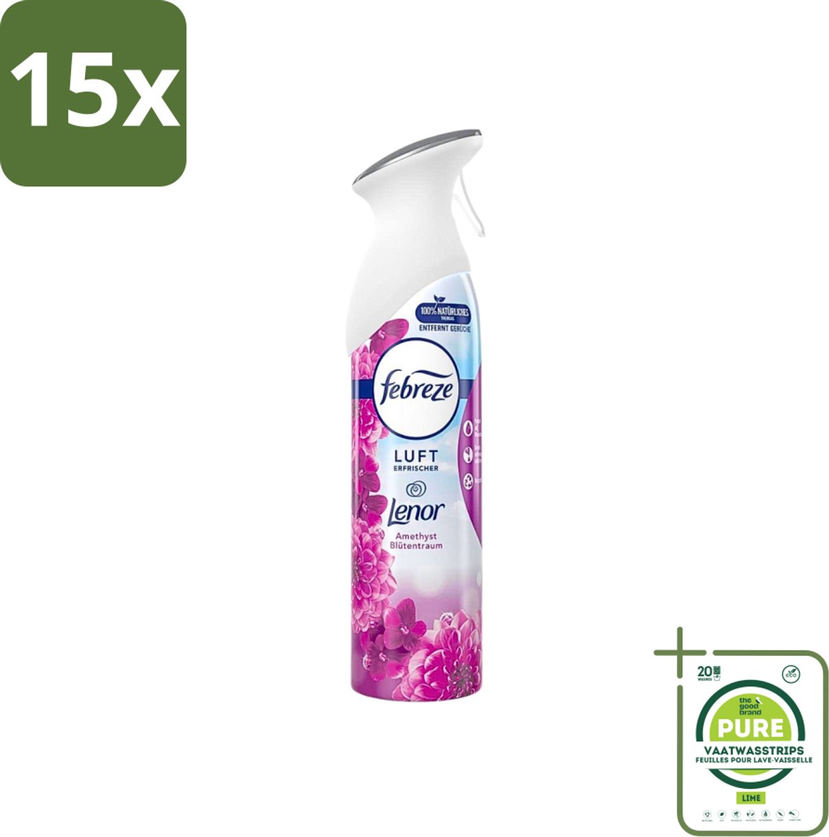 15 x Febreze Amethist Luchtverfrisser Spray - Frisse Bloemen Geur - 300ml - Grootverpakking - Luchtverfrisser - Geurverwijderaar - Febreze - Amethyst - Frisse Geur