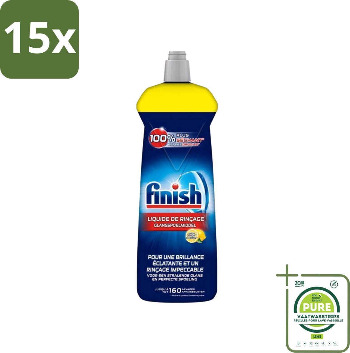 15 x Finish - Glansspoelmiddel - Citroen - Stralende glans - Tot 160 Afwasbeurten - 800 ml - Grootverpakking - Glansmiddel - Vaatwasser - Citroen - Glanzende Vaat - Snel Drogen