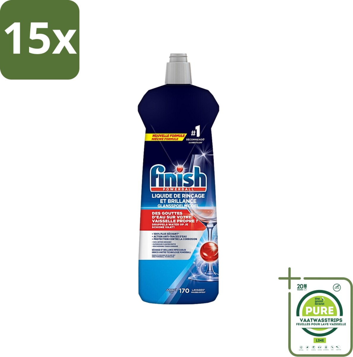 15 x Finish Powerball - Glansspoelmiddel - Anti-Corrosie & Anti-Vervaging - 170 Afwasbeurten - 800ml - Grootverpakking - Vaatwassermiddel - Glansspoelmiddel - Anti-kalk - Anti-corrosie - Vaatwasser