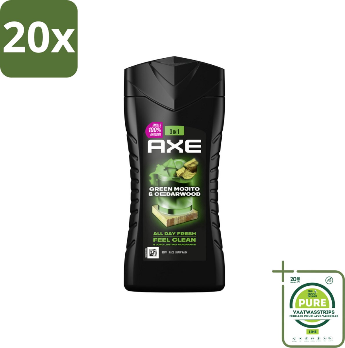 20 x Axe - 3-in-1 Douchegel - Wild Mojito & Cedarwood - 12hrs Long Lasting Scent - 250 ml - Grootverpakking - Douchegel - Deodorant - Axe - Wild Mojito - Cedarwood