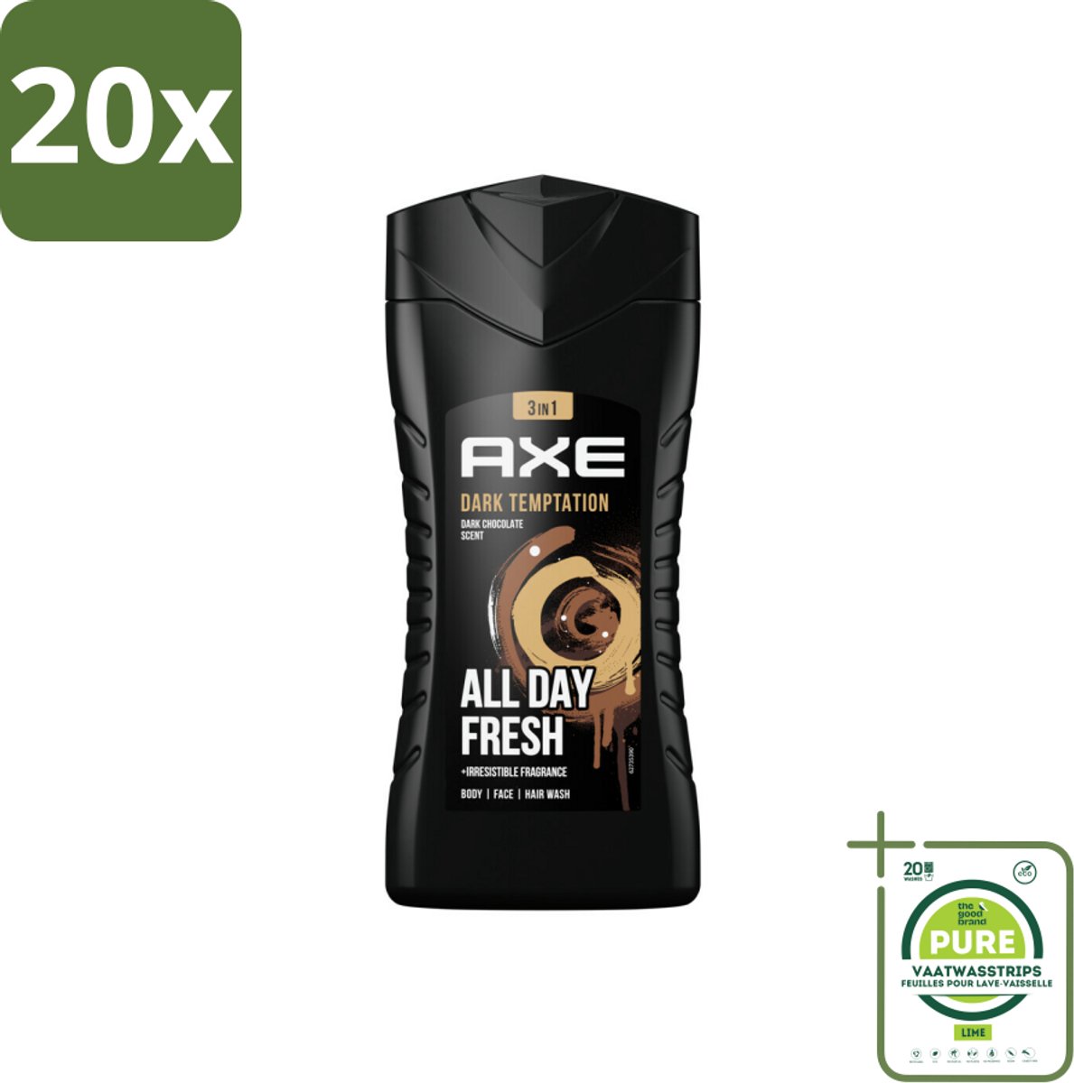 20 x Axe - 3-in-1 Douchegel - Dark Temptation - Dark Chocolate - 12hrs Long Lasting Scent - 250 ml - Grootverpakking - Douchegel - Axe - Dark Temptation - Chocoladegeur - 3-in-1
