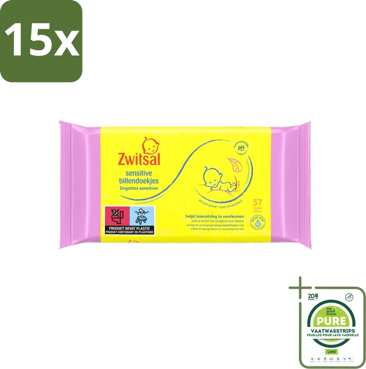 15 x Zwitsal - Babyverzorging - Billendoekjes Sensitive - Voor de Gevoelige Babyhuid - 57 Doekjes - Grootverpakking - Babybillendoekjes - Billendoekjes Gevoelige Huid - Zwitsal - Babyhuid - Luieruitslag