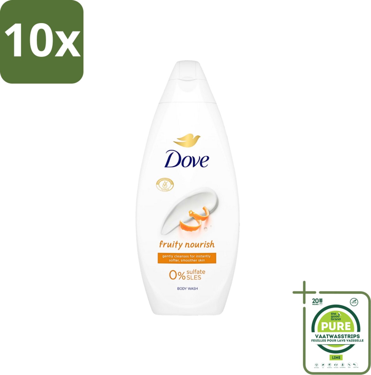 10 x Dove Fruity Nourish - Douchegel - Sulfaatvrij - 250 ml - Grootverpakking - Douchegel - Dove - Fruity Nourish - Hydraterend - Voedend