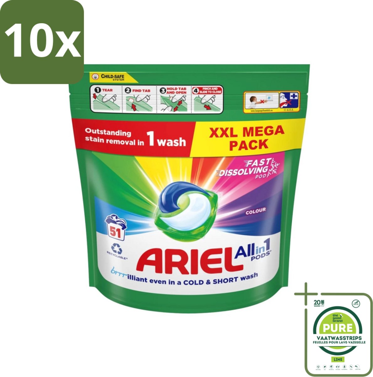 10 x Ariel Color - Wasmiddelcapsules - All-in-1 Pods - Gekleurde Was - 51 Wasbeurten - Grootverpakking - Wasmiddel Capsules - Kleurwas - Ariel Color - Wasmiddel Pods - Vlekkenverwijderaar