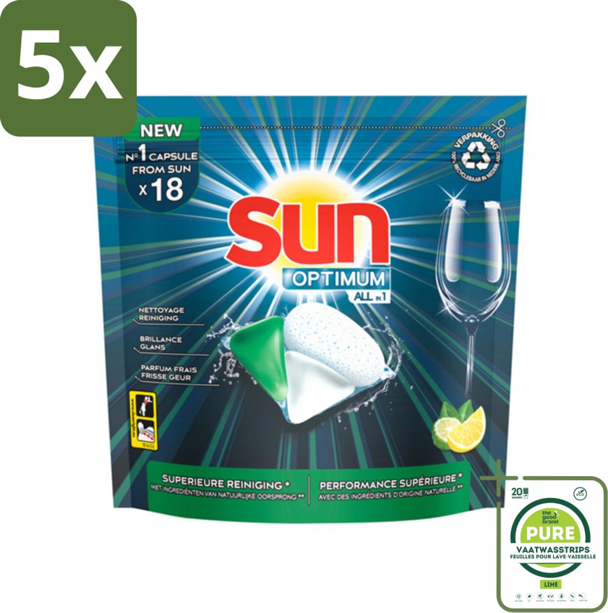 5 x Sun Optimum - All-in-1 - Vaatwasmiddel - Capsules - Citroen - 18 Capsules - Grootverpakking - Vaatwascapsules - Vaatwasmiddel - Citroen - All-in-1 - Vaatwasser