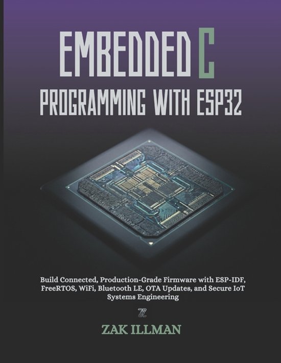 Boekomslag 'Embedded C Programming with ESP32' met een gedetailleerde chip-illustratie op een paars-grijze achtergrond.