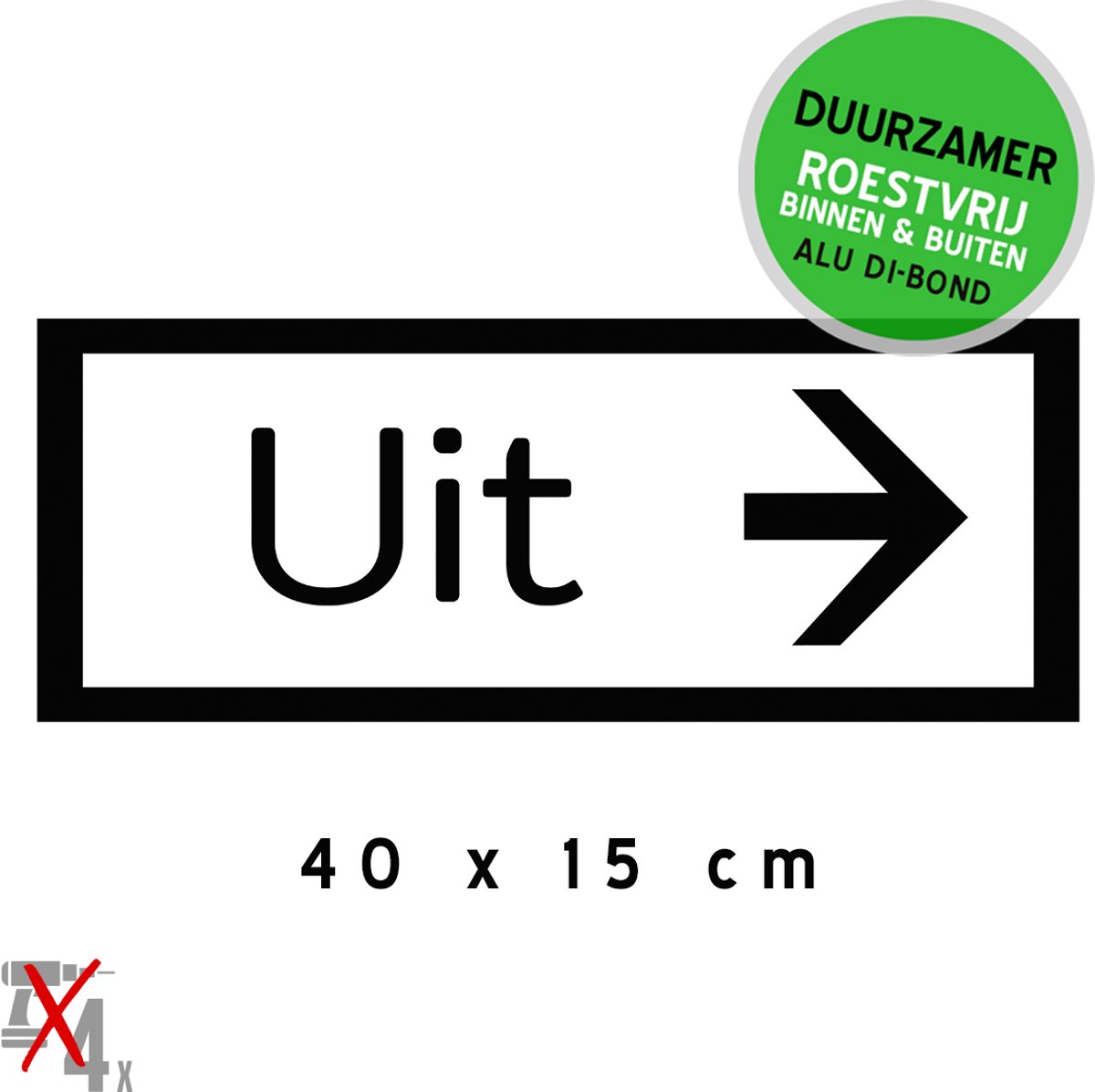 Pictogram/ bord Dibond | Aanwijzer "Uit" --> | 40 x 15 cm | Parking signalisatie | Uitgang | Pijl | Duurzaam | Roestvrij | Klanten | Rechts | Zwart/ wit | 1 stuk
