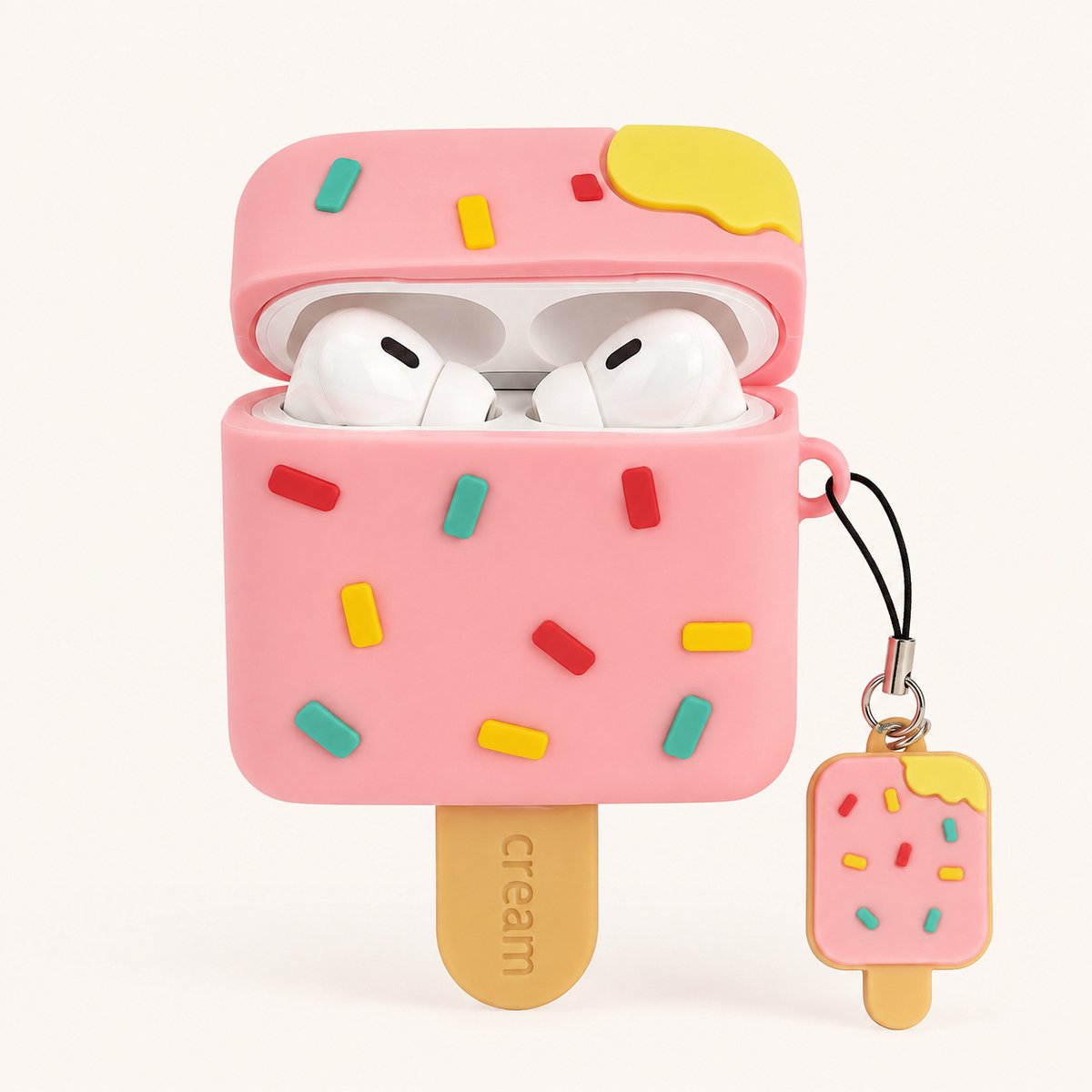 Enluxe AirPods 4 Hoesje Roze – Kawaii IJsje Design met Sprinkles en Hanger