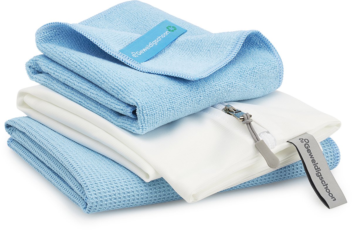 Geweldigschoon Raamdoekenset - Schoonmaakdoek, droogdoek en waszak - Microvezeldoeken - Maat M - Blauw