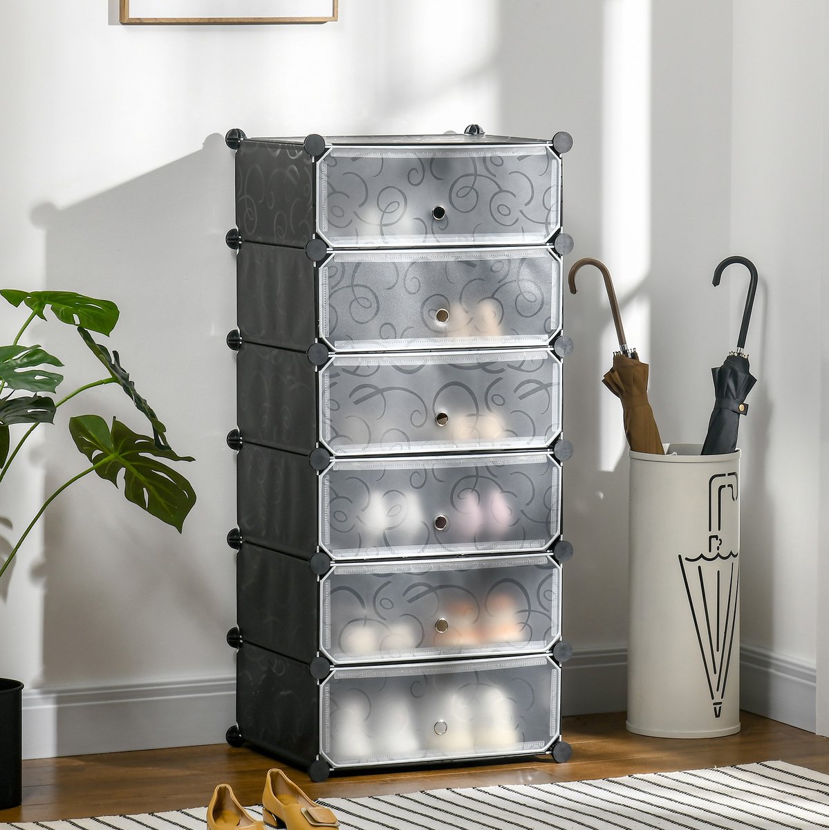 REDOM - Schoenenrek - Modulair opbergsysteem - Met deuren en stapelbare vakken - Modern - Hal of kinderkamer - Kunststof en staal - Zwart en Wit - 49 x 36,5 x 108 cm