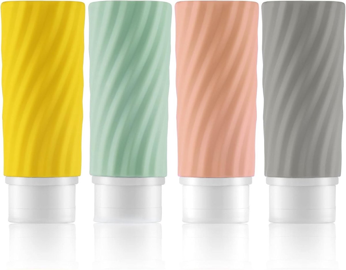 Siliconen Reisbottles 90 ml, Lekvrije Reiscapsules en Toilettas Set, Herbruikbare Flessen voor Shampoo, 4 Stuks in 4 Kleuren