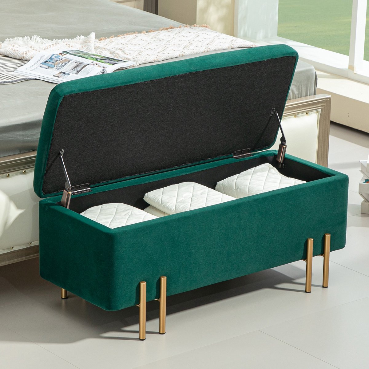 REDOM - Bank - Truhenbank met opbergruimte - Met houten frame en gegalvaniseerde metalen poten - Polyester - Groen - 100 x 40 x 42 cm