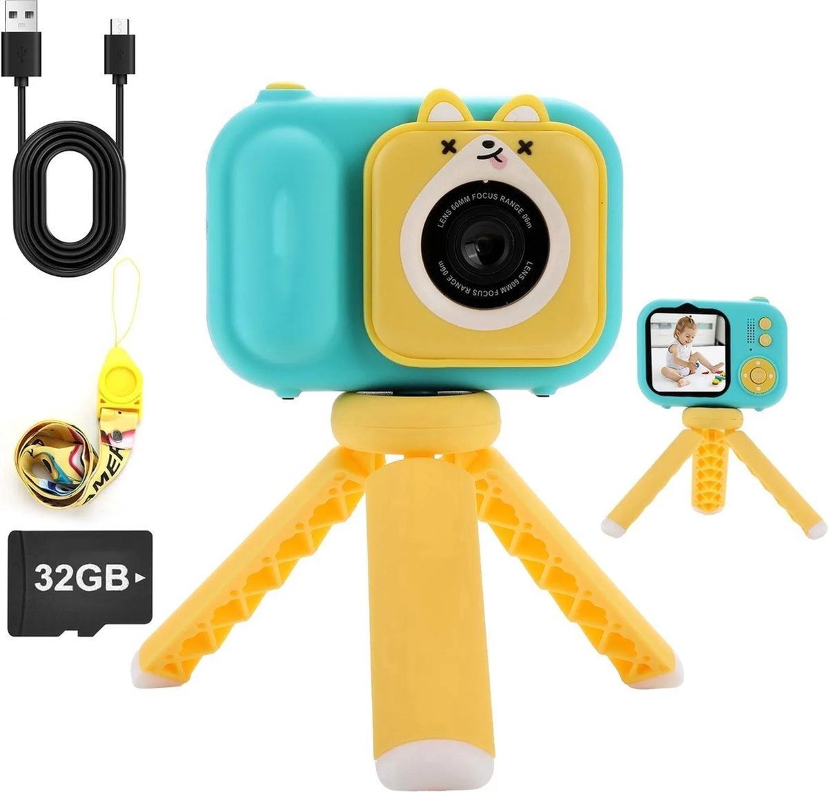 casalora® - Kindercamera met statief - voor meisjes en jongens van 3 tot 12 jaar - Digitale videocamera voor kinderen om te vloggen - 2,4" scherm draagbare selfiecamera voor kinderen - met 32GB SD-kaart - Kindercamera voor verjaardag - Blauw