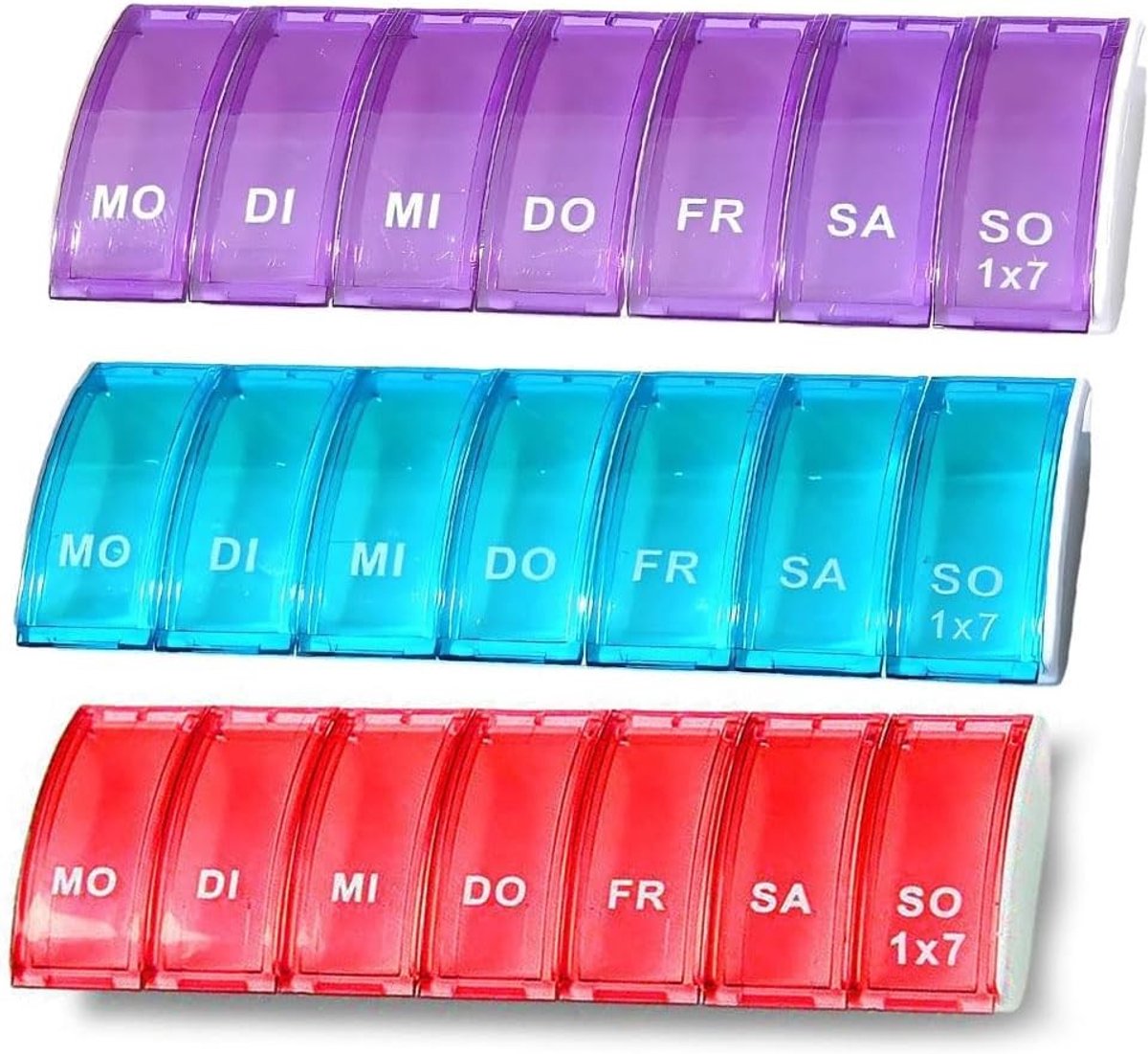 Pillendoosjes voor 7 dagen in verschillende kleuren, ideaal voor medicatie en vitamines, set van 3 stuks