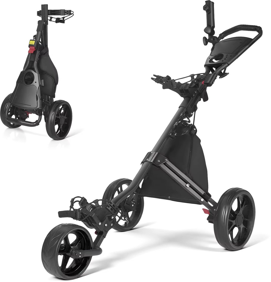 CreateEcom golftrolley - golfkar - 3-wielige opvouwbare golfkar met voetrem - waterdichte koeltas en parapluhouder - draagbare lichtgewicht golfkar - zwart