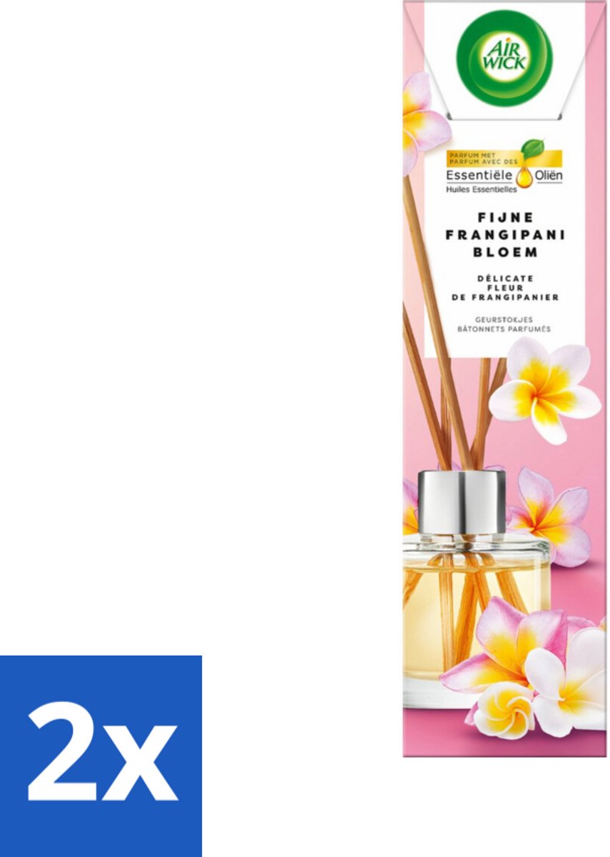 2 x Air Wick - Geurstokjes - Delicate Frangipani Bloemen - Essentiële Oliën - 40 ml - Geurstokjes - Frangipani - Essentiële Oliën - Exotische Geur - Kamergeur