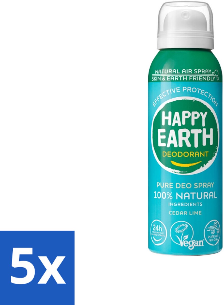 Happy Earth – Deodorant Natural Air Spray – 100% Natuurlijk Cedar Lime – 100 ml - Bulkverpakking - 5 stuks