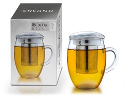 Creano theeglas all-in-one 400ml, grote theekop met roestvrijstalen zeef en glazen deksel, theezetter in aantrekkelijke geschenkverpakking (1x 400ml)