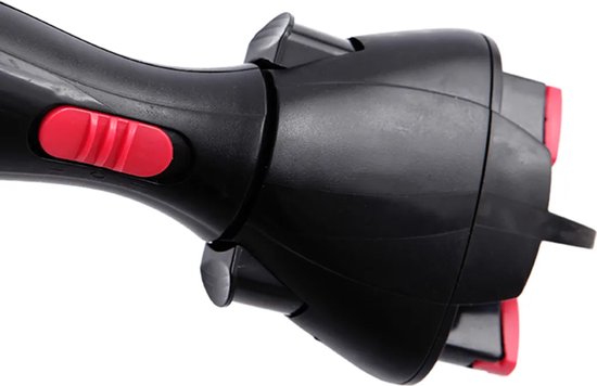 Zijkant van een zwarte automatische haarvlechtmachine met rode accenten en tanden.