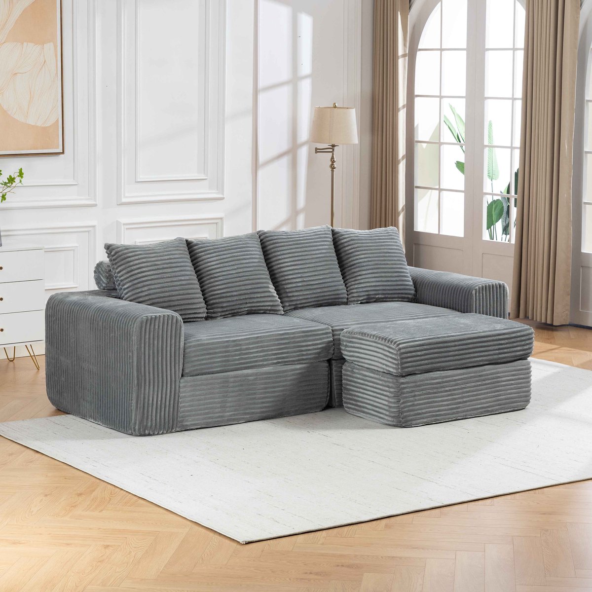Multifunctionele 2–3-zitsbank - Slaapbank - Met Losse Voetenbank - Breed Ribcord - 58 cm Diepe Zit - Modulaire Opstelling - Voor Kleine Woonkamers - Geen Montage - grijs
