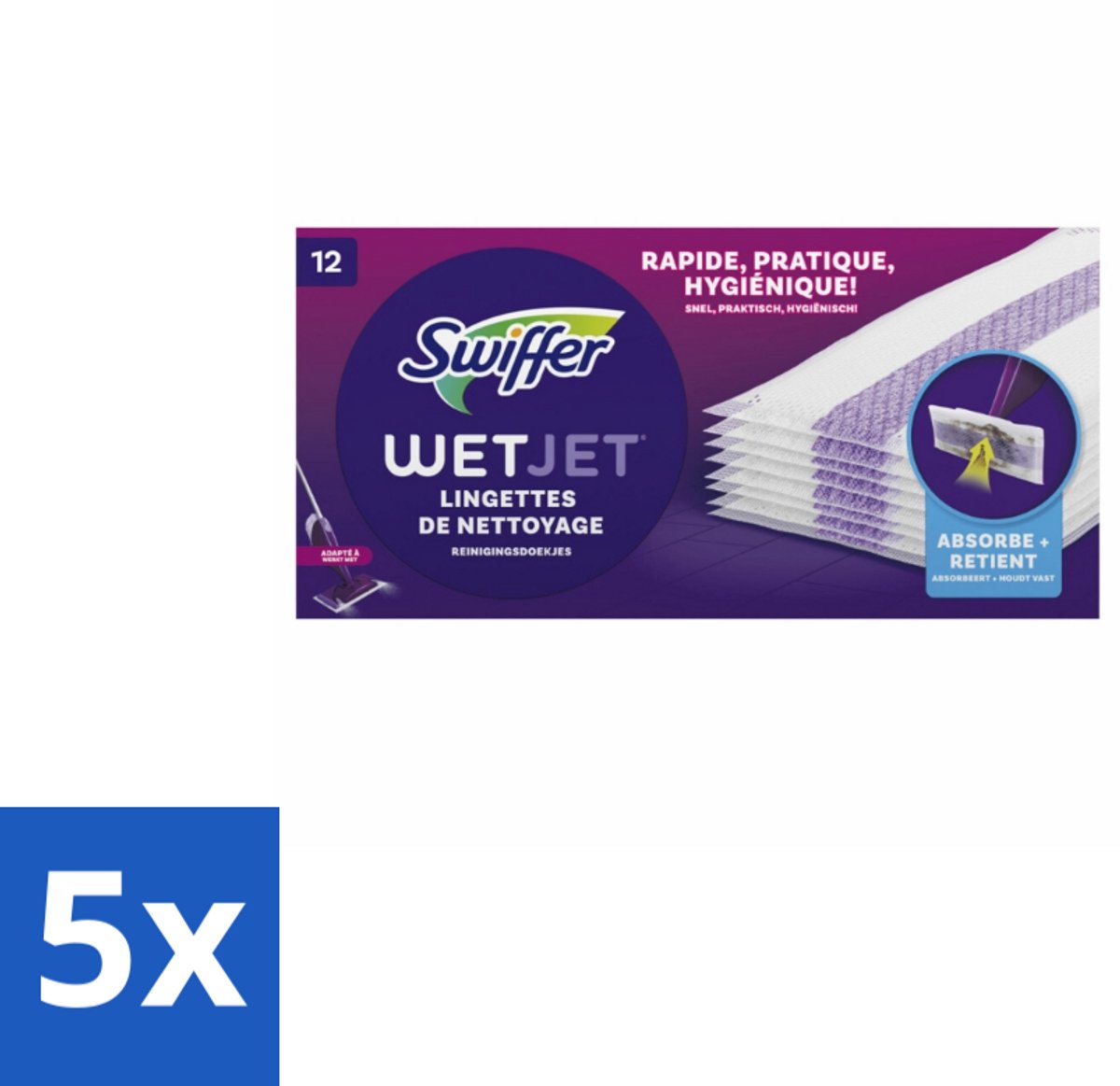 Swiffer - WetJet – Reinigingsdoekjes – Navullingen – 12 doekjes - Bulkverpakking - 5 stuks