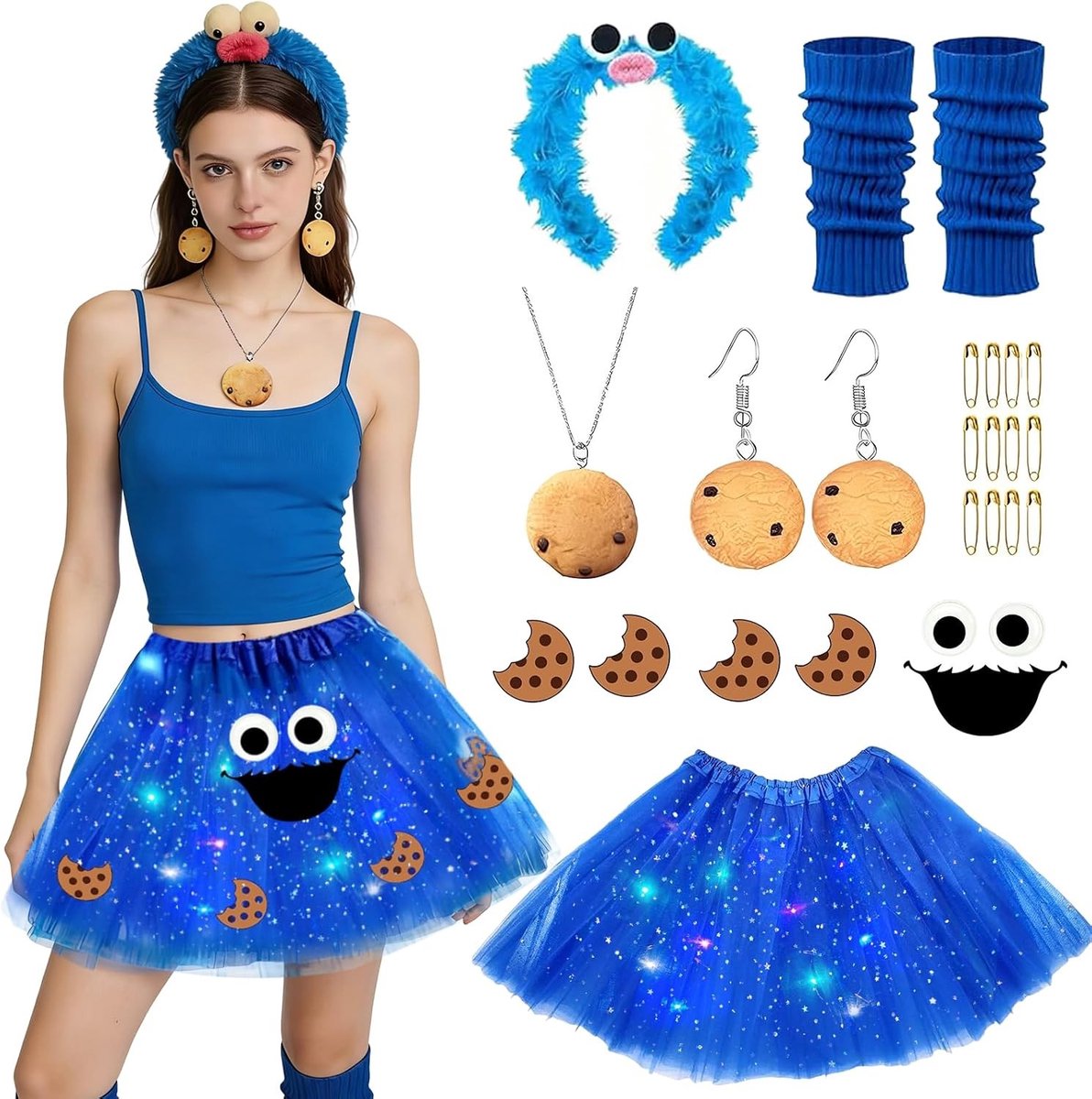 Vrouwelijk en Kinder Kostuum met Blauw Tulle Rok, Hoofdband, Sieraden en Beenwarmers voor Halloween en Carnaval