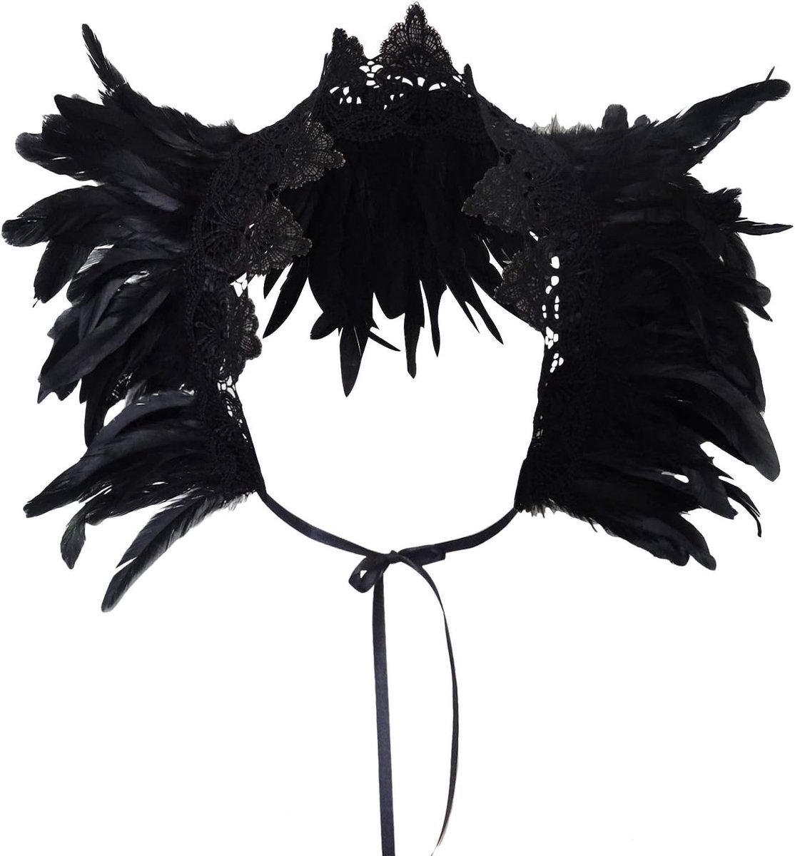 Zwarte Sjaal met Veren voor Dames - Echte Sjaal met Kant en Kraag voor Halloween Kostuum en Feestoutfit
