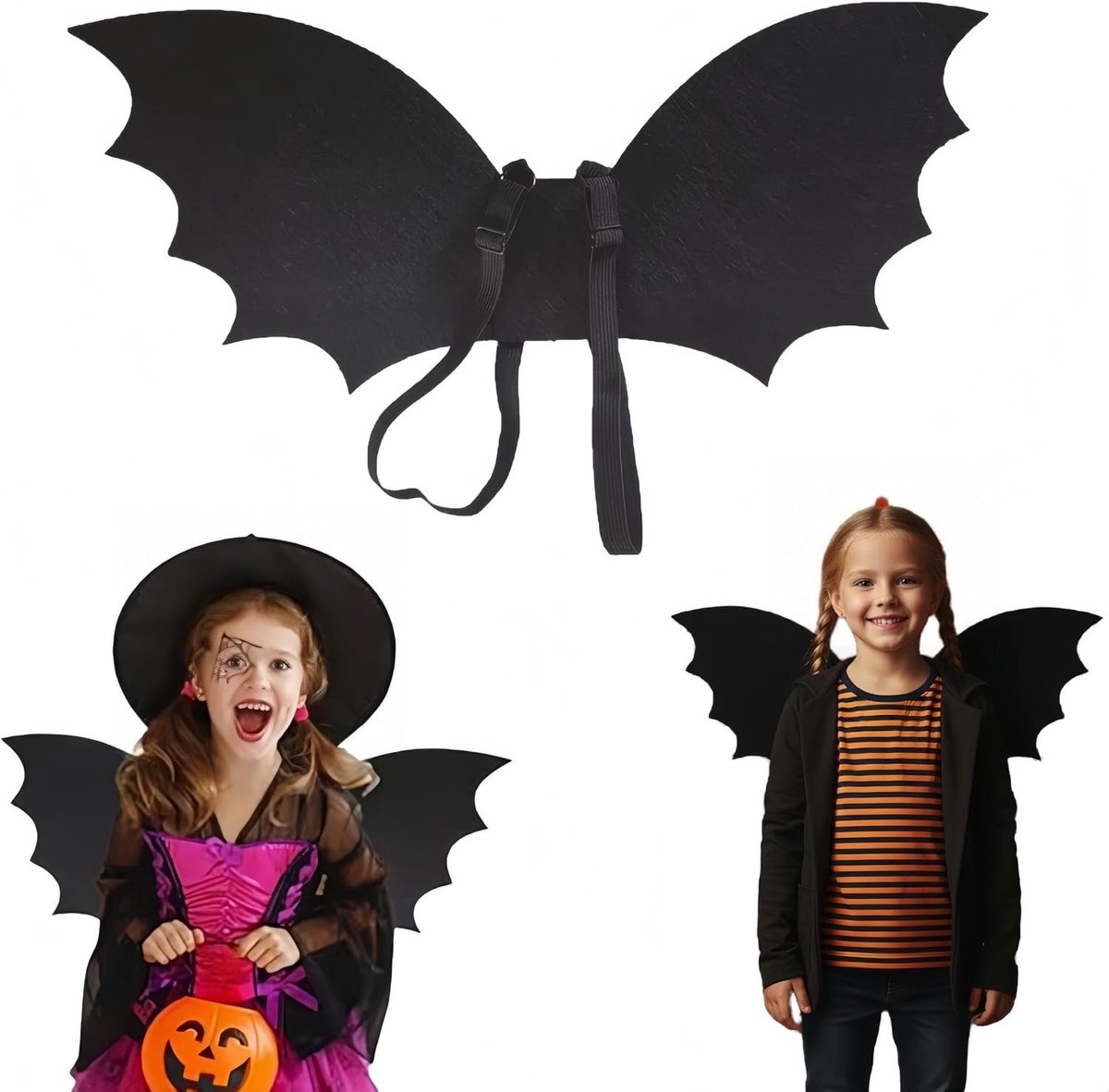 Halloween vleermuiscape voor kinderen met verstelbare riem, zwarte vleermuisvleugels voor vampierkostuum en cosplay-feesten, perfect voor Halloween en verkleedpartijen (48 x 20 cm)