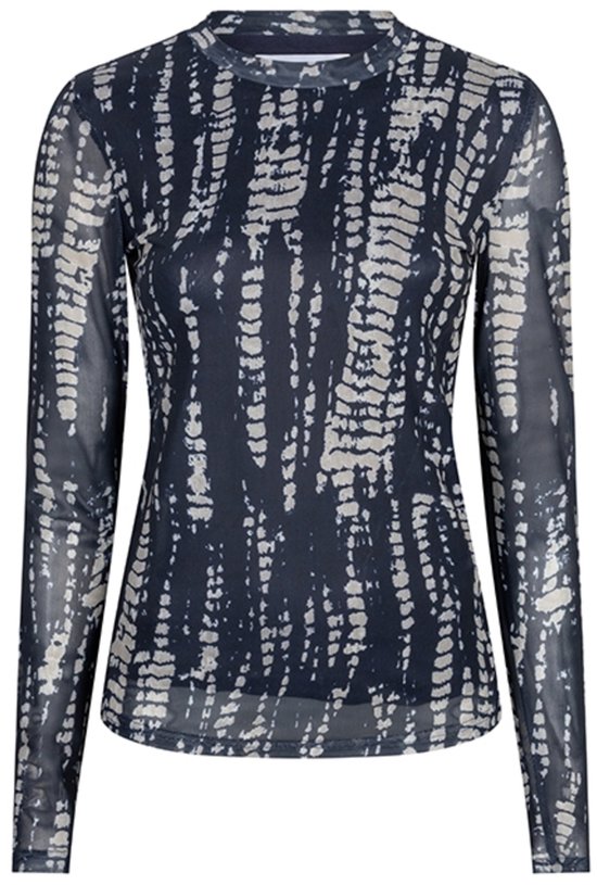 Donkerblauwe mesh top met lange mouwen en een abstracte, verticale print in beige.