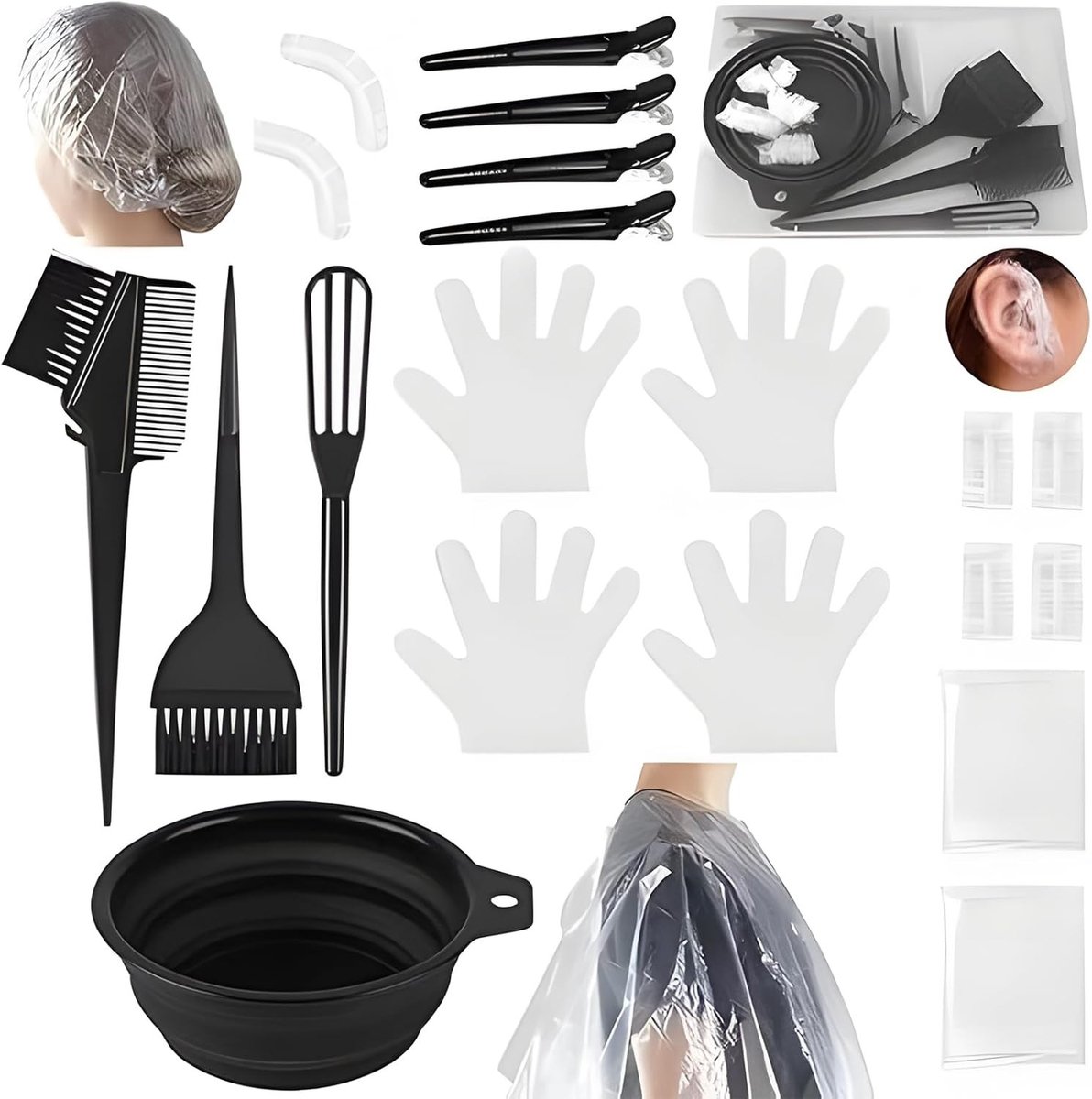 Compleet 16-delig Haarkleur Set met Verftray, Verfkam, Verfkwast, Schort, Haarnaalden en Oorkappen - Ideaal voor Thuisgebruik en DIY Haarkleuren