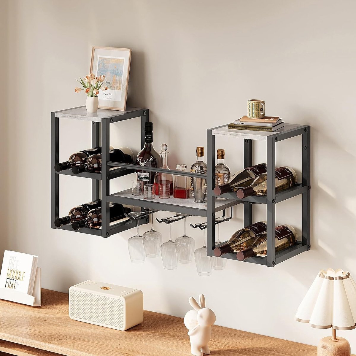 Wandhouder voor Wijnflessen met 3 Niveaus en 6 Glashouders, Multifunctionele Wijnstand voor Keuken en Bar