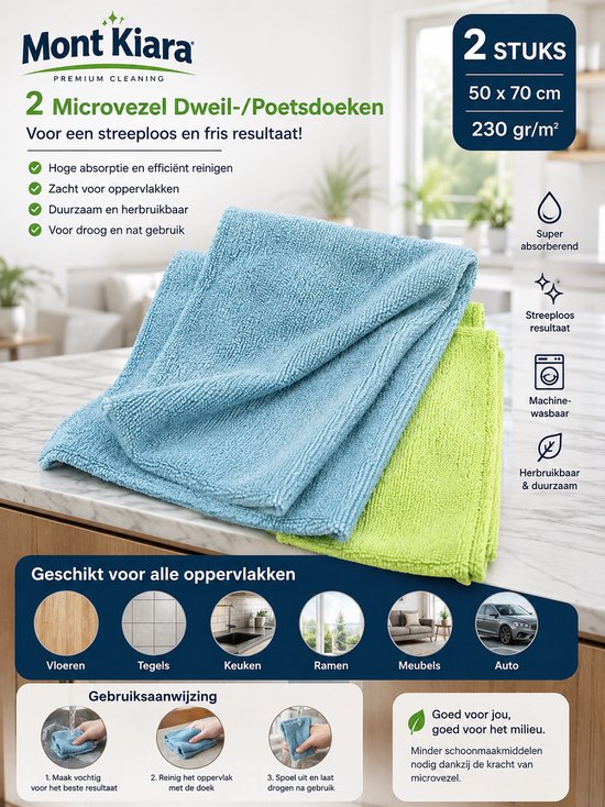 Deux chiffons microfibres bleu et vert clair, 50 x 70 cm, 230 g/m², doux, absorbants et durables.