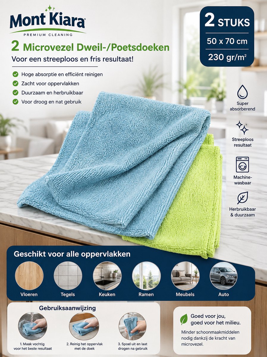 Mont Kiara Microvezel Dweilen 50x70 cm – 2 Stuks – 230 g/m² – Absorberende Poetsdoeken & Vloerdoeken – Voor Nat en Droog Gebruik – Keuken, Vloer, Ramen & Auto