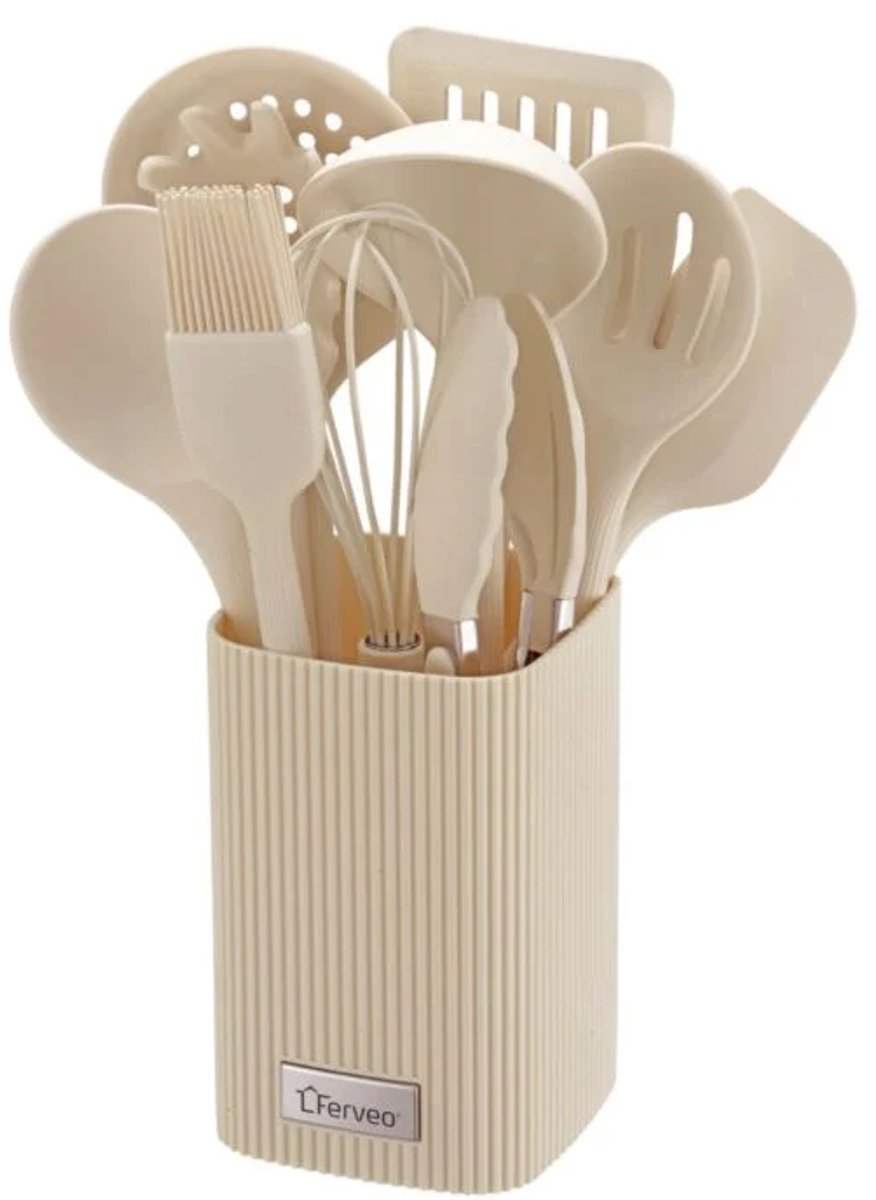Ferveo Tayla Keukengerei Set met Houder - 11-delig - Beige - Kookgerei Set